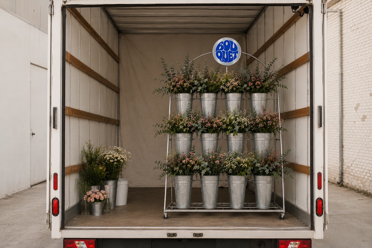 Rack de Bouquet Club ya cargado y listo dentro de la caja de un camión de mudanzas